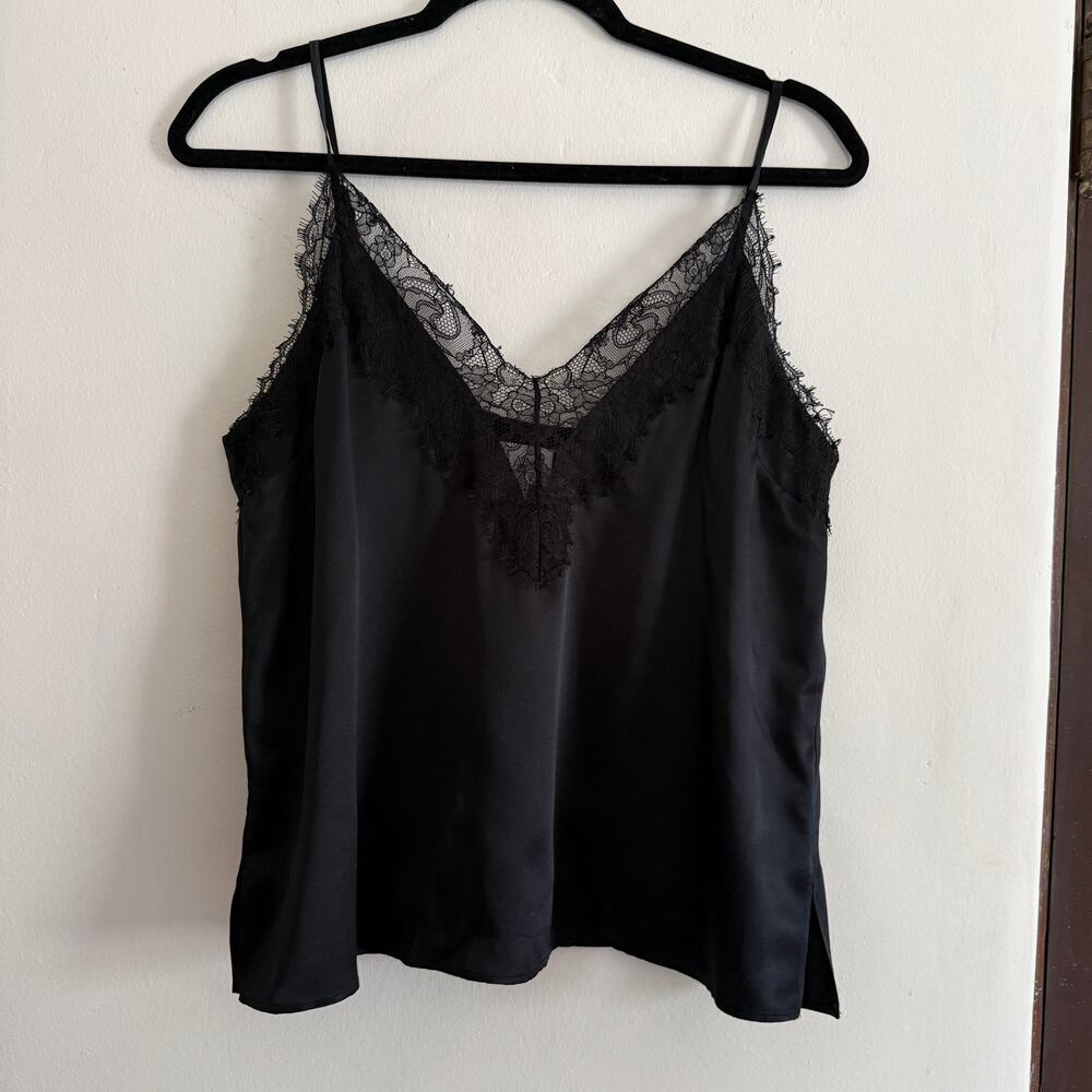 CAMI NYC | Black Silk Lace Trim Camisole Tank Top | Large
